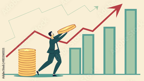 Investment Success: Businessman Stacking Gold Coins with Upward Trend Line and Growing Bar Chart