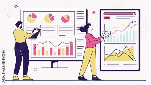 Business Analytics Team Analyzing Data and Financial Reports on Digital Screens with Charts and Graphs. Flat Vector Illustration.