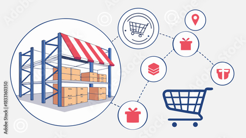 E-commerce Logistics Network: Digital Warehouse, Online Shopping Cart, and Delivery System Illustration