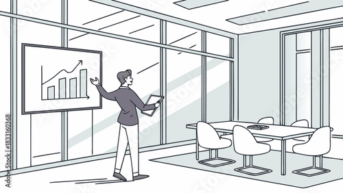 Professional Businessman Presenting Growth Chart in Modern Office Meeting Room, Line Art Illustration