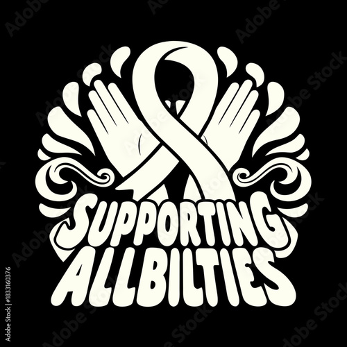 Cream ribbon and hands supporting all abilities text graphic