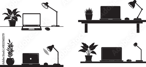 Black and White Silhouette Icon Set of Creative and Remote Work Desks.