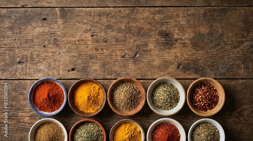 Fototapeta Naklejka Na Ścianę i Meble -  Assorted spice bowls arranged neatly on a rustic wooden table background, showcasing rich textures and natural colors, creating a warm culinary scene perfect for cooking, seasoning, and kitchen-themed