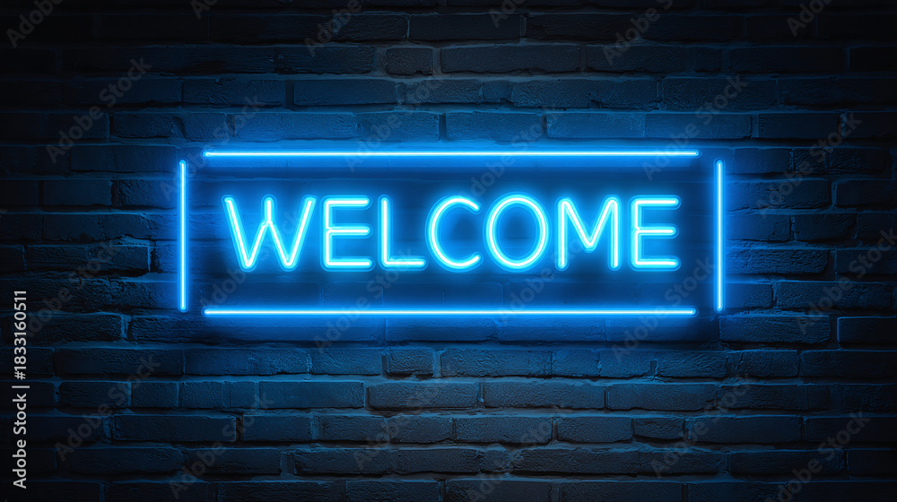 Fototapeta premium A bright neon sign with the word WELCOME illuminated on a brick wall, providing a warm and inviting atmosphere.