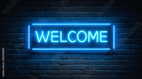 A bright neon sign with the word WELCOME illuminated on a brick wall, providing a warm and inviting atmosphere.