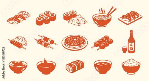 Japanese Food. Sushi. Ramen. A modern orange vector icon set of various Japanese dishes like sushi, ramen, and gyoza for a restaurant menu, a food blog, or a cultural design project.