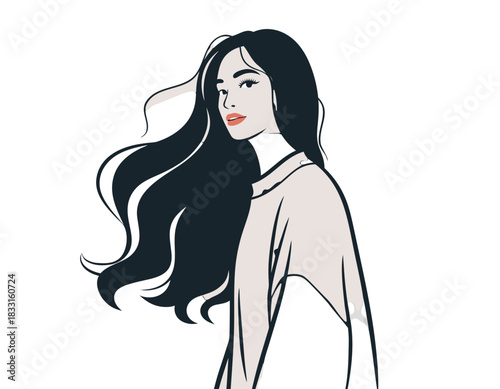Elegant Woman with Flowing Dark Hair and Floral Accents in Hair Against a Black Background Vector Art Minimalist Style