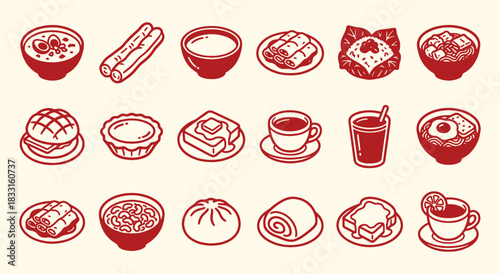 Hong Kong. Breakfast. Food Icons. A retro red vector icon set of traditional Hong Kong breakfast and dim sum for a cha chaan teng menu, a travel guide, or a food blog graphic design.
