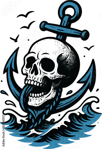 Pirate Skull Waves Anchor Illustration Vintage