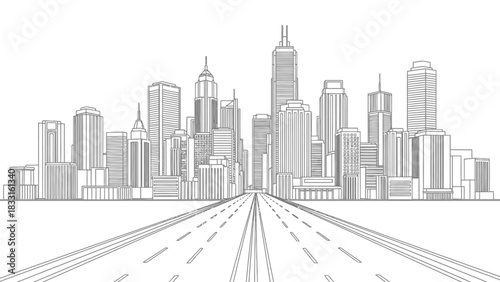 A detailed black and white illustration of a city skyline with a road leading towards it.