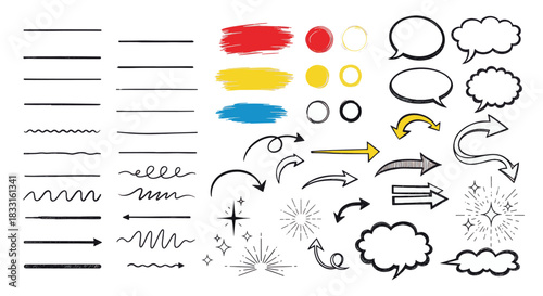 Versatile hand-drawn doodle collection featuring various lines, arrows, speech bubbles, and decorative elements for creative graphic design annotation and visual emphasis