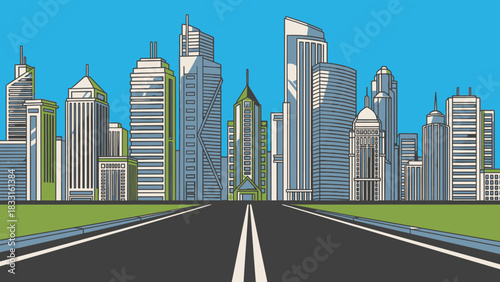 Illustration of a city skyline with tall buildings and a road leading into the distance.