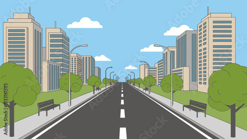 Cartoon illustration of a long, empty city street with modern buildings and trees.