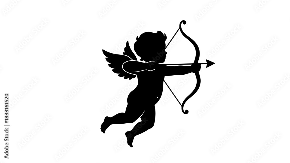 Fototapeta premium A black silhouette of Cupid aiming a bow and arrow, symbolizing love and romance.