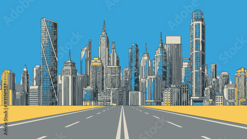 Illustration of a city skyline with various skyscrapers and a road leading towards them.