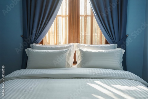 Hotel Bed with White Linen and Blue Curtains, Symmetrical Design, Clean and Modern Bedroom Interior, Wide Shot of a Neatly Made Double Bed in a Hotel Room, Contrasting Blue and White Color Palette