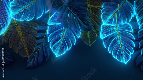 Glowing leaves, artistic display of nature's beauty and elegance. The leaves have a gradient effect with neon highlights