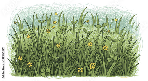 A close-up illustration of green grass with small yellow flowers and clover leaves, evoking a sense of nature and springtime