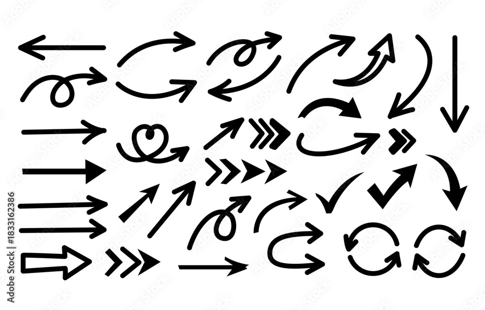 Naklejka premium Hand drawn arrow mark icons vector, sketch arrow design for business plan and education, Collection of doodle arrows, Cute mark brush emphasis pencil swoosh, flower set. Vector illustration