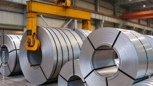 Close-up of rolled metal coils stacked in an industrial facility with an overhead crane. Highlights metal production, coil handling, storage, and transportation in heavy industry