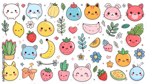 Cute pastel fruit, animal, and plant stickers with kawaii faces, hand-drawn with dark outline