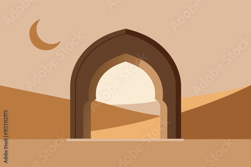 Islamic Archway Frame with Desert Sand Dunes and Moon, Vector Landscape Background for Ramadan