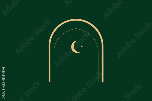 Simple Dark Green Islamic Arch Background with Gold Line Art, Vector Template for Prayer Times