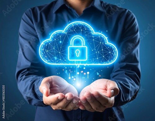 Cupped hands present a glowing digital cloud with a centered padlock against a dark blue background