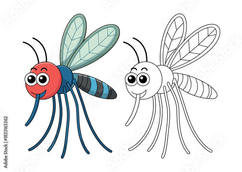 A colorful cartoon mosquito is shown next to its black and white outline for coloring purposes.