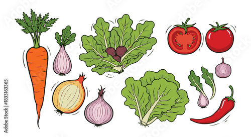 A vibrant collection of fresh, hand-drawn vegetables perfect for healthy eating, cooking, and nutritional concepts. Includes carrots, tomatoes, onions, lettuce, and peppers