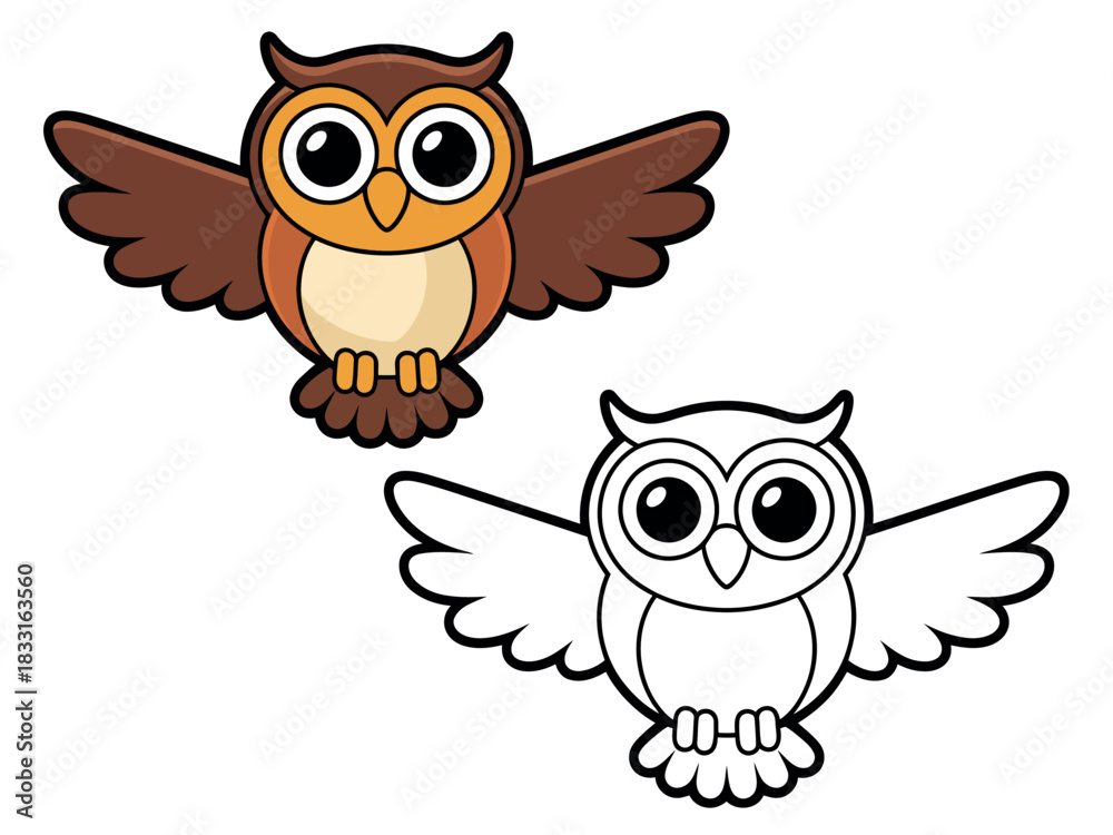 Naklejka premium A cartoon illustration of a brown owl with its wings spread wide, next to a black and white outline version of the same owl for coloring.