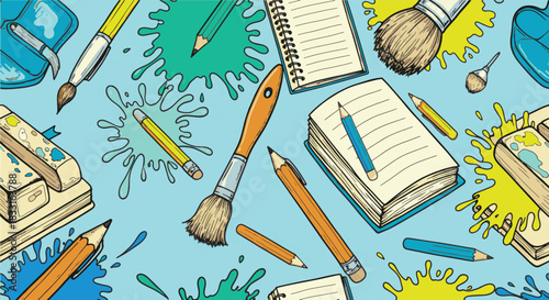 Artistic Tools Background Colorful Pencils, Brushes, and Notebooks on a Spattered Surface