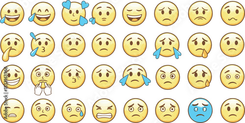 Diverse Emoji Collection Expressing a Range of Emotions with Cute Cartoon Faces