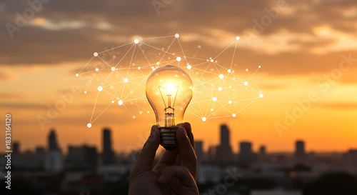 Light bulb held against sunset with network connection overlay i