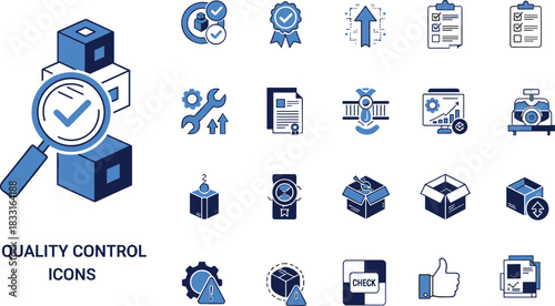 Quality control icons set, inspection and compliance symbols, flat vector illustration for manufacturing, process validation, and performance monitoring