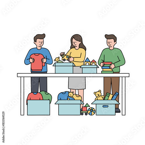 People Sorting Clothes Toys and Books into Donation Boxes on a Table Minimalist Flat Vector Art Sticker Style
