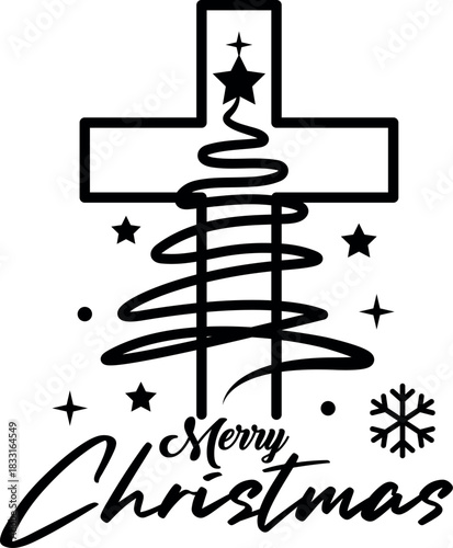 Christmas Cross Tree with Merry Christmas Lettering – Christian Holiday Vector EPS Clipart Silhouette isolated on White Background for Cricut, T-shirt Sublimation.