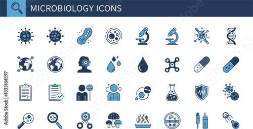 Microbiology icons set, virus and bacteria symbols, lab equipment graphics, flat vector illustration for science, research, and education