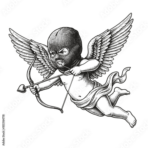 Vintage Cupid with Balaclava Brutal Vector Illustration