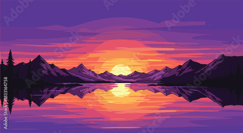Pixel Art Sunset Over Mountain Lake A Stunning Digital Landscape in Purple and Orange Hues