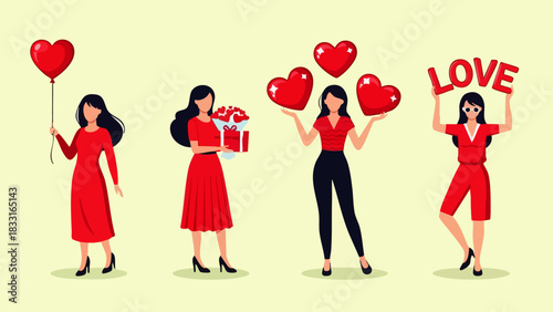 Flat vector illustration of four smiling women standing together on a bright background celebrating Valentine's Day. Concept of friendship, Valentine's Day celebration, and happiness.