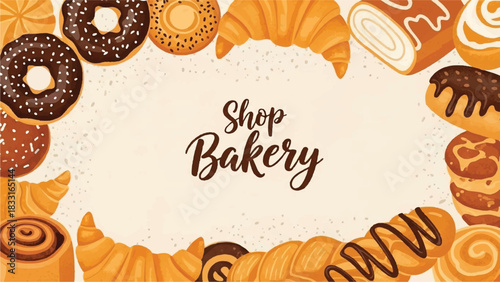 Vector Bakery Shop Banner with Croissant, Donut, and Sweet Pastry Border Illustration