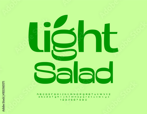 Vector Green label Light Salad. Unique Stylish Eco Font. Beautiful Alphabet Letters and Numbers set.