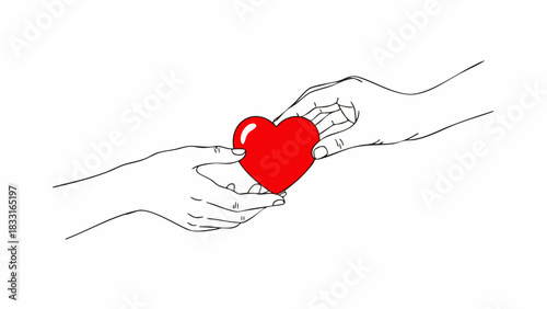Line art drawing of one hand giving a red heart to another. Symbolizing love, caring, and generosity. Suitable for themes related to relationships, charity, and Valentine's Day.