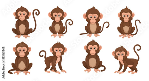 Collection of endearing monkey illustrations ideal for children's media and playful graphic design