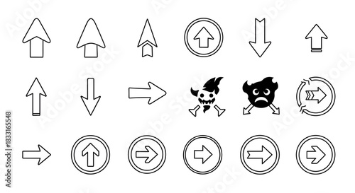 Collection of linear arrows and hazard icons for navigation and graphical design uses