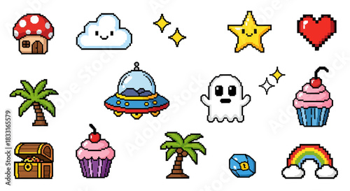 Collection of pixel art icons in a fantasy and retro gaming style design elements