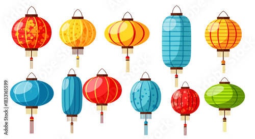Collection of vibrant, colorful, and detailed vector illustrations of traditional asian lanterns