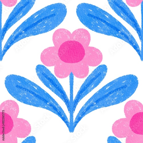 Hand-drawn pink spring flowers with blue leaves in a repeating pattern