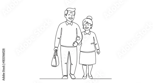 Continuous line drawing captures endearing moment of elderly couple strolling together happily